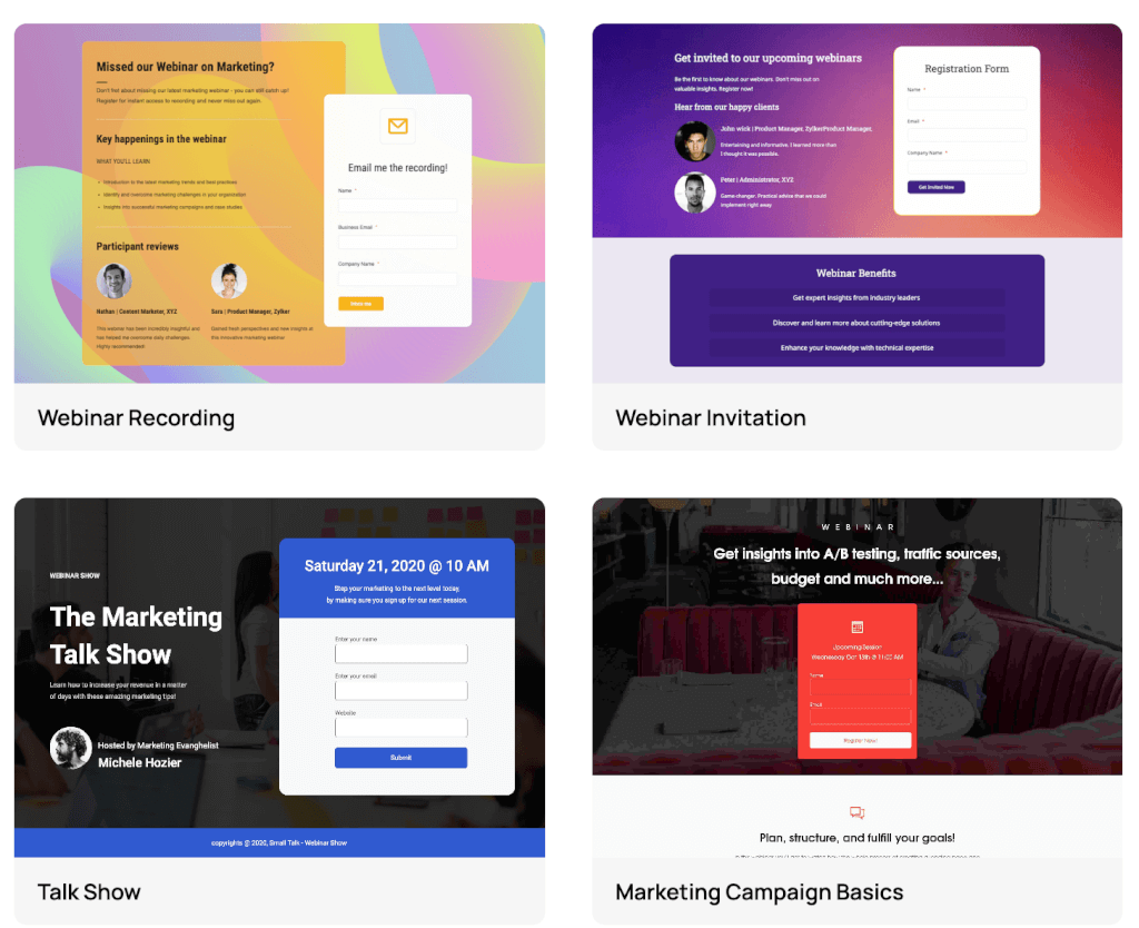 landing page de webinaire avec zoho marketing plus